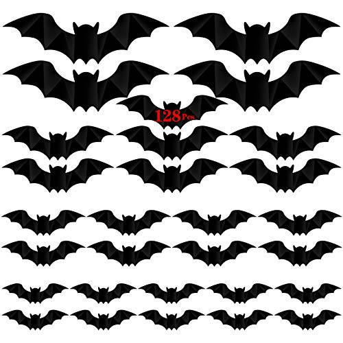 CLESDF 128Pcs Bat 벽면 스티커 - 할로윈 3D Bat 데코,장식, 4 사이즈 Bat 벽면 장식,데코 for 할로윈 데코레이션,데코,장식, 블랙