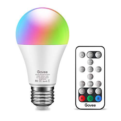 Govee RGB 컬러 체인징 전구, 밝기조절가능 65W 호환 LED 전구S 리모컨, 10W A19 E26 스크류 베이스 다양한색 장식,데코 기분 라이트 침실, 무대, 파티 and More