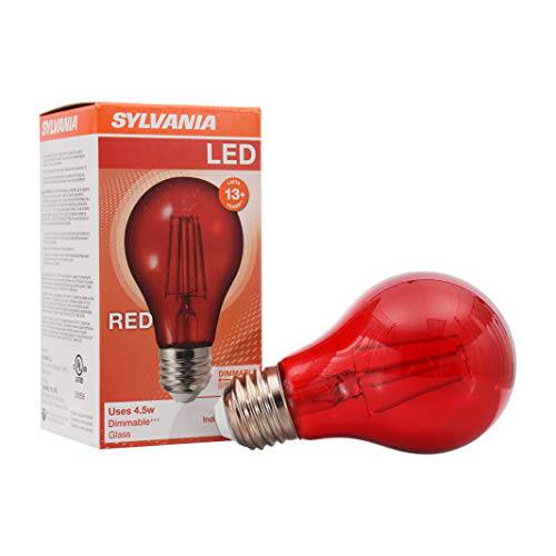 SYLVANIA LED 레드 글래스 필라멘트 A19 라이트 전구, 밝기조절가능, Efficient 4.5W, E26 미디엄 베이스, 1 팩
