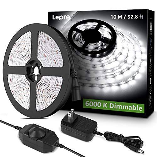 Lepro LED 스트립 라이트, 32.8Ft 밝기조절가능 화장대 라이트, 6000K 슈퍼 브라이트 LED 테이프 라이트, 600 LEDs SMD 2835, 강력 3M 접착, 적용가능한 가정용, 부엌, 주방,  찬장부착형, 부착형, 침실, 일광 화이트