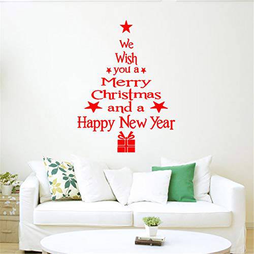 QISHENG  크리스마스 트리 스티커 글자 데칼,도안 탈부착가능 벽면 스티커 PVC 벽화 창문 장식  크리스마스 홈 장식 도구 (레드)
