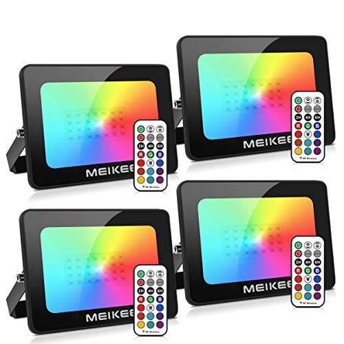 MEIKEE 4 팩 35W RGB LED 플러드 라이트, 컬러 체인징 플러드 라이트  리모컨, 원격, 실내 아웃도어 IP66 방수 컬러 LED 투광조명, 밝기조절가능 벽면 세척기 라이트 파티 Stage 경치 라이트닝