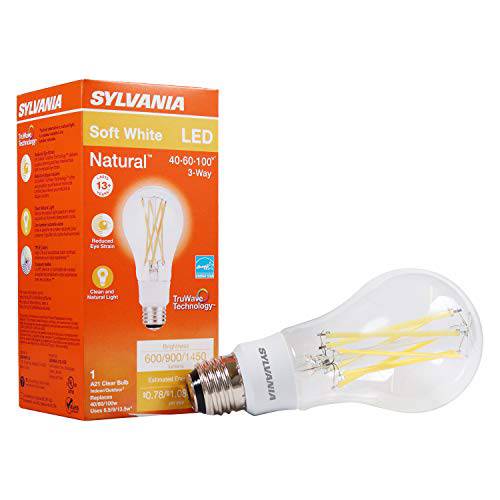 Sylvania LED A21 내츄럴 라이트 시리즈 라이트 전구, 3-Way 라이트, 6.5W/ 9W/ 13.5W, Not 밝기조절가능, 클리어 마감, 소프트 화이트 2700K 컬러 온도, 1 팩