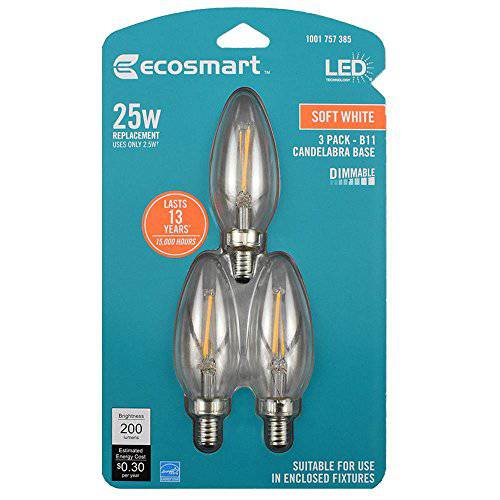 EcoSmart 25-Watt 호환 B11 E12 베이스 밝기조절가능 클리어 필라멘트 빈티지 스타일 LED 라이트 전구, 소프트 화이트 (3-Pack)