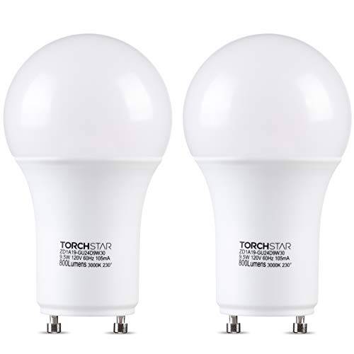TORCHSTAR LED GU24 베이스 A19 라이트 전구, 밝기조절가능, 9.5W (60W Eqv.), 에너지 스타& UL Listed, 3000K 따뜻한 화이트, 천장 라이트, 펜던트, 바닥 램프, 벽면 램프, 800 루멘, 팩 of 2
