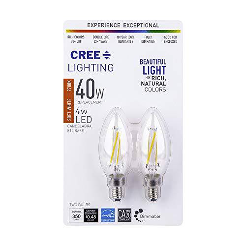 Cree Lighting B11 클리어 글래스 필라멘트 Candelabra 40W 호환 LED 전구, 350 루멘, 밝기조절가능, 소프트 화이트 2700K, 25, 000 시간 Rated Life, 90+ CRI, Good  에워싸는 | 2-Pack