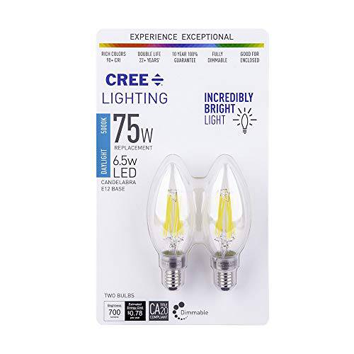 Cree Lighting B11 클리어 글래스 필라멘트 Candelabra 75W 호환 LED 전구, 700 루멘, 밝기조절가능, 일광 5000K, 25, 000 시간 Rated Life, 90+ CRI, Good  에워싸는 | 2-Pack