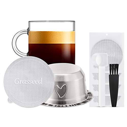Grasseed  리유저블, 재사용 스테인레스 스틸 Vertuo 커피캡슐 캡슐 60 포일 뚜껑, 스푼, 브러쉬, 브루 7.8oz- 호환가능한 베르투올린,Vertuoline 머신