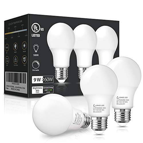 LOHAS A19 LED 전구, 9 와트 60W 호환 LED 라이트 전구, UL Listed, E26 베이스 일광 5000K 라이트, 밝기조절가능, 120V LED 850 루멘 램프, Energy-efficient 라이트 전구 침실 홈 라이트닝, 3 팩