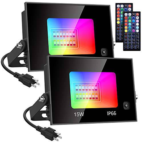 Olafus 15W RGB 플러드 라이트, 2 팩 100W 호환 컬러 체인징 Floodlights 44 키 리모컨, IP66 방수 아웃도어 RGB 라이트, 밝기조절가능 벽면 세척기 라이트닝 파티, 웨딩, Stage