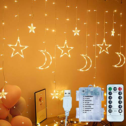 11.5ft 장식용 별이빛나는 스트링 커튼 라이트 Moons and Stars LED 취침등, 나이트 스탠드, 무드등 가정용 장식 파티, 리모컨 컨트롤 AA 배터리/ USB 전원
