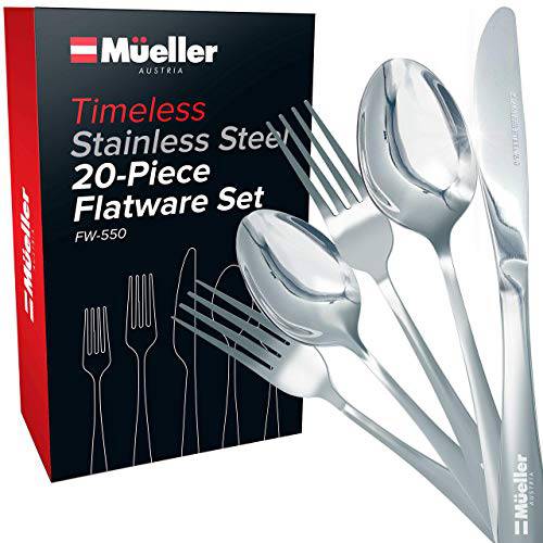 Mueller 접시,식기류 세트, 20-Piece 스테인레스 스틸 은식기류 세트 - 커틀러리, 식기 세트 서비스 4 - 스푼, 나이프, 포크, 샐러드 포크,  티스푼 - 식기세척가능