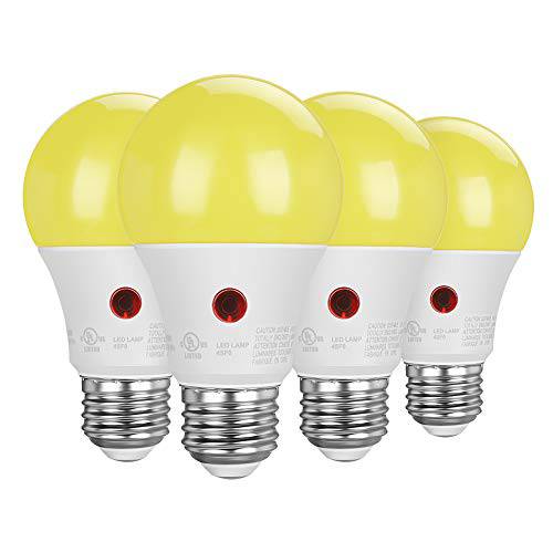 DEWENWILS 4-Pack LED 라이트 전구 아웃도어,  취침모드, 기상 모드 센서, A19 Yellow 라이트 전구, 9W(60W 호환), 600LM, 2000K 노란색 글로우, E26 미디엄 스크류 베이스, LED 세큐리티 전구 현관, UL Listed