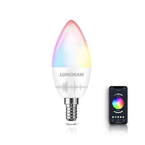 LED Candelabra 전구 E12 베이스, LUMIMAN 컬러 체인징 RGB 밝기조절가능 and Tunable 스마트 라이트 전구, Works 알렉사, 에코, 구글 홈& Siri, 2.4GHz 와이파이 Only, No 허브 필수 400lm(1 팩)