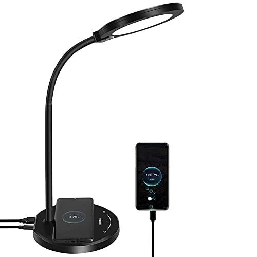 데스크 램프 무선 충전기, LED 데스크 램프 USB 충전 포트, 5 라이트닝 모드 10 밝기 조절, 센서티브 컨트롤 Eye-Caring 오피스 램프 블랙