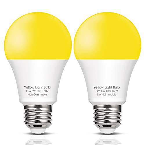 EvaStary LED Yellow 라이트 전구 8W,  앰버옐로우, 노란색 벌레 아웃도어 현관 라이트, A19 LED 슬립 보조 전구, 노란색 나이트 라이트 60W 백열등 호환, E26 미디엄 베이스 700 루멘 120V, Not 밝기조절가능, 2 팩