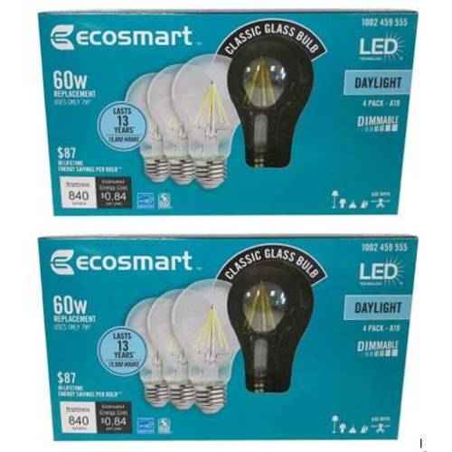 EcoSmart 60-Watt 호환 A19 밝기조절가능 클리어 필라멘트 빈티지 스타일 LED 라이트 전구, 일광 (8-Pack)