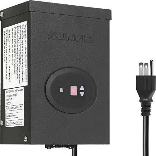 SUNVIE 300W 저전압 트랜스포머 경치 라이트닝 타이머 and 광전지 센서 방수 파워 서플라이 경치 라이트 길 라이트 아웃도어 스포트라이트 120V AC to 12V/ 14V AC(ETL Listed)