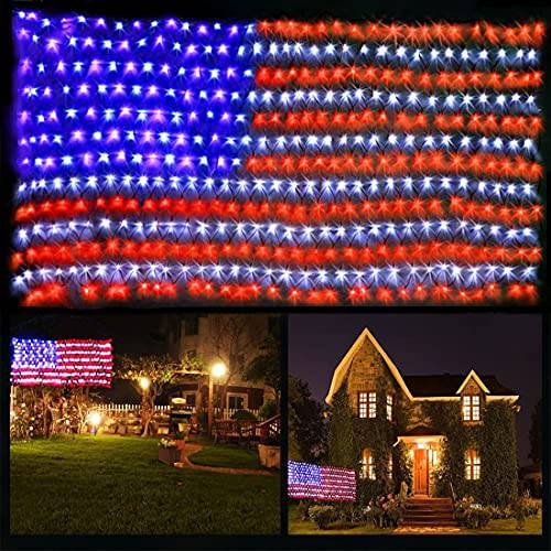(2021 New) FUNIAO 아메리칸 깃발 라이트, 420 LED USA 깃발 Net 라이트, 아웃도어 방수 Patriotic 라이트 걸수있는 장식품 4th of July, 독립 Day, Memorial Day, 파티오,발코니 마당 장식