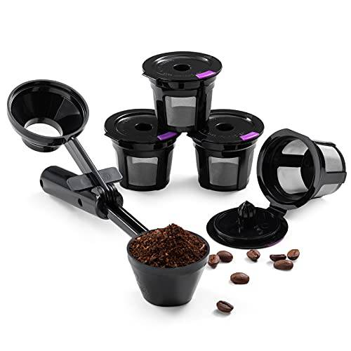 리유저블,재사용 K 컵 커피 필터 세트, 4-Pack K 컵 커피 팟 필터 2 Tbsp 커피 스쿱, 리필가능 싱글 K 컵 호환가능한 Keurig 1.0& 2.0 and 1인분개별포장, 싱글 컵 커피 머신