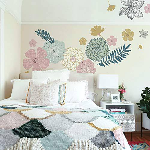 RoomMates Perennial Blooms 핑크 필 And 스틱 거대한 벽면 데칼,도안, 블루, 핑크 and 골드 플라워