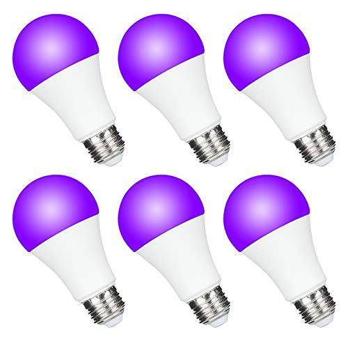 FAGUANGAO UV A19 7W LED 블랙 라이트 전구, UVA 레벨 390-400nm, E26 미디엄 베이스 100-240V, 글로우 야광 블랙라이트 파티, 형광 포스터, 네온 Glow(6 팩)