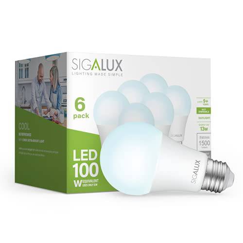 Sigalux A19 LED 라이트 전구 100 와트 호환, 일광 스탠다드 라이트 전구 Non-Dimmable, 5000K 1500LM 13W E26 미디엄 베이스, UL Listed, 6 팩