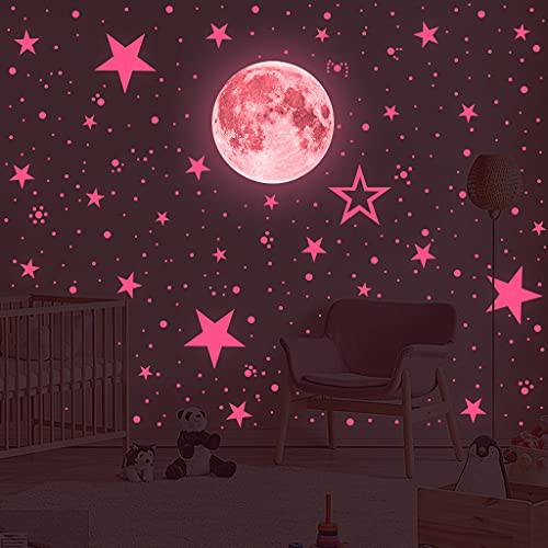 글로우 야광 Stars and Moon 스티커 천장, Luminous 벽면 데칼,도안 장식 침실 거실, 407 도트+ 27 Stars+ 30cm Moon (핑크)