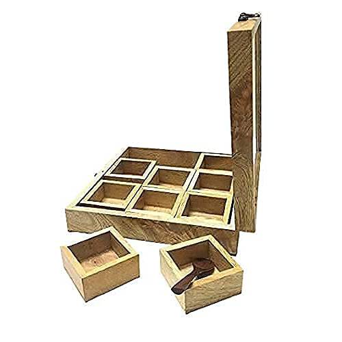 나무 Multi-Compartment 사각 스토리지 박스 핸드메이드 다용도 테이블 탑 글래스 리드 on 탑 박스| 향신료 박스 | 드라이 과일 박스 | 9 equally 향신료 구획 1 나무 스푼