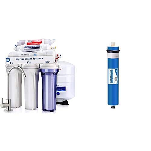 iSpring RCC7AK 언더 싱크대 리버스 삼투 음료 용수필터, 물 필터, 정수 필터 시스템 알칼리 Remineralization-Natural pH,  화이트& MC7 리버스 삼투 (Ro) 멤브레인 교체용 75 GPD, 11.75” X 1.75”, 블루