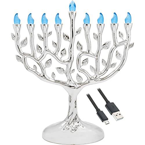 The Dreidel Company 전통 LED 전기,전동 실버 Hanukkah Menorah - 배터리 or USB 전원 - 포함 a 마이크로 USB 4’ 충전 케이블