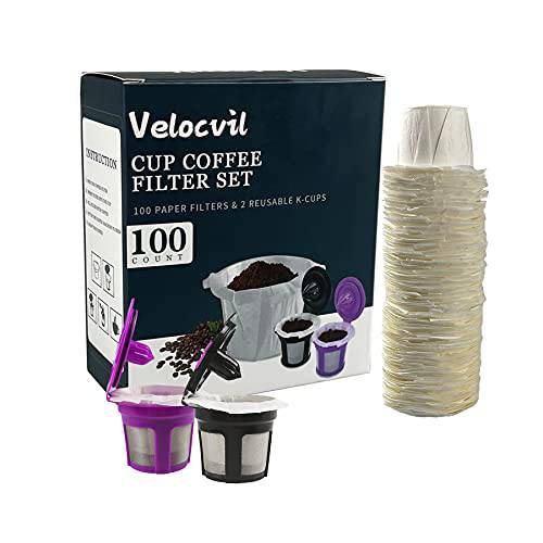 Velocvil 2 팩 리유저블,재사용 K 컵 100 PCS 용지,종이 커피 필터 세트, 리필가능 1인분개별포장, 싱글 컵 커피 포트, 범용 호환 Keurig 1.0， 2.0 and 미니 플러스 브루어스, 화이트