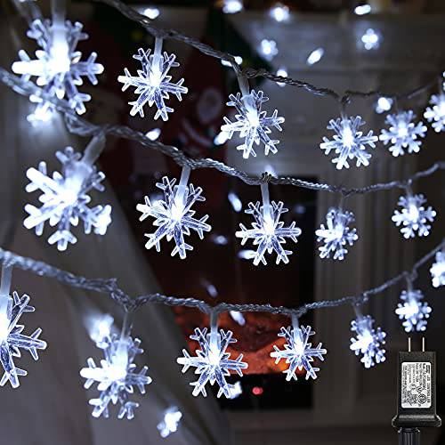 크리스마스 눈송이 스트링 라이트, 49 ft 100 LED Connectable 크리스마스 페어리 라이트 8 모드, 방수 플러그인 눈송이 라이트 크리스마스 파티, 홈,  크리스마스트리 데코,장식 (화이트)