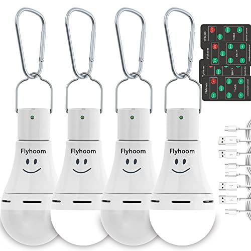 Flyhoom 4 팩 충전식 비상 라이트 전구, USB 라이트 전구 리모컨, 4 라이트 모드, 휴대용 LED 캠핑 라이트 전구 클립 후크 실내, 캠핑, 등산, 파워 정전
