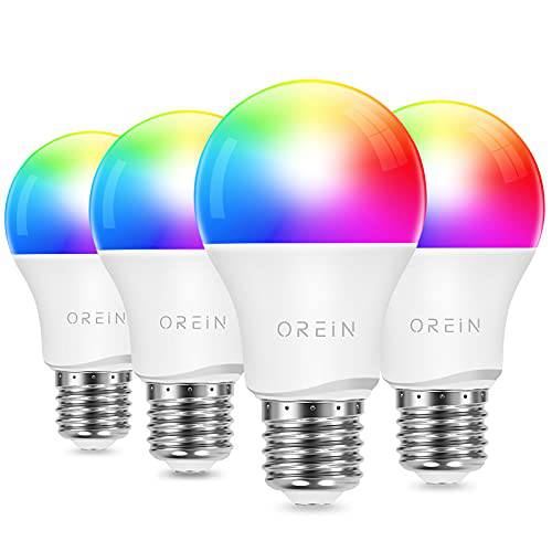 OREiN 스마트 와이파이 라이트 전구, 밝기조절가능 RGBW LED 라이트 전구 컬러 체인징 라이트 전구, A19 E26 60W 호환, 다양한색 스마트 전구 That Work  알렉사&  구글 홈, 1800k-6500k, 하이 CRI, 4 팩