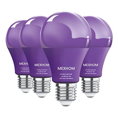 4 팩 MEXHOM A19 LED 블랙 라이트 전구, 10W (100W 호환) E26 베이스 블랙 라이트, UVA 레벨 385-400NM, 글로우 야광 할로윈, 블랙라이트 파티, 형광 포스터, 바디 페인트, 네온 글로우