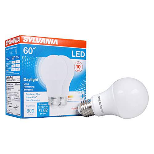 SYLVANIA LED 라이트 전구, 60W 호환 A19, Efficient 8.5W, 미디엄 베이스, 프로스트,프로스티드 마감, 800 루멘,  일광 - 2 팩 (79282)
