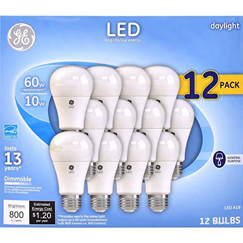 GE 일광 60 와트 교체용 LED 라이트 전구, 일반 목적, 밝기조절가능 라이트 전구 12 팩 (일광, 12 팩) (12)