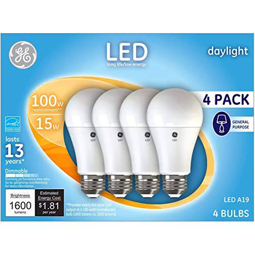 GE 일광 100 와트 교체용 LED 라이트 전구, 일반 목적, Bluish 화이트 라이트 전구 4 팩 (일광, 4 팩)