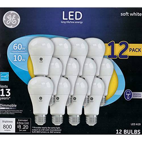 GE 소프트 화이트 60 와트 교체용 LED 라이트 전구, 일반 목적, 밝기조절가능 라이트 전구 12 팩 (소프트 화이트, 12 팩) (12)