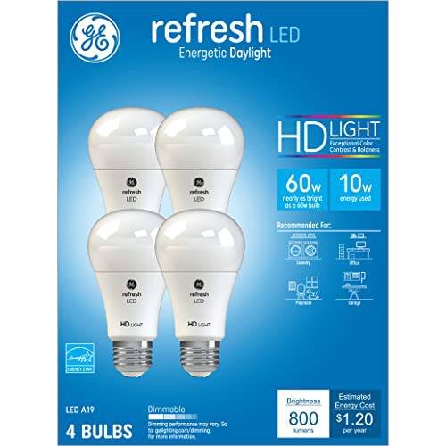 GE Refresh LED HD 라이트 전구, 10 와트 (60 와트 호환) 일광, 미디엄 베이스, 밝기조절가능 (4 팩)