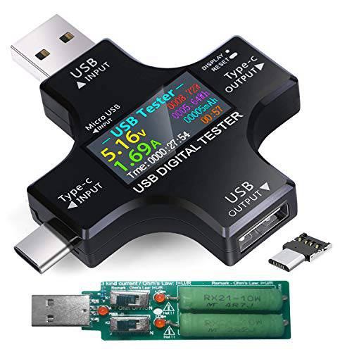 USB C 테스터, KJ-KayJI 2 in 1 USB C Type-c 테스터, 컬러 스크린 IPS 디지털 멀티미터,전기,전압계,측정, 전압, Current, 파워, 저항, 온도, 용량 탐지기, 3A 조절가능 시프트 Load