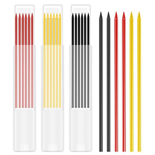 KINBOM 18pcs 2.8mm 공사현장 연필 리필용, 펜슬 리드 교체용, 연필 기계식 리필용 솔리드 펜슬 색연필 리필용 드로잉 목공 (레드, Yellow, 블랙)
