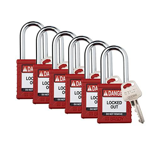브래디 세이프티,안전 잠금Out 맹꽁이자물쇠,통자물쇠,자물쇠 세트 - 6 팩 - 레드 - 키, 열쇠 여러 세이프티,안전 잠금Out 자물쇠 - 1 키 Per 잠금 - SDPL-RED-38ST-KD6