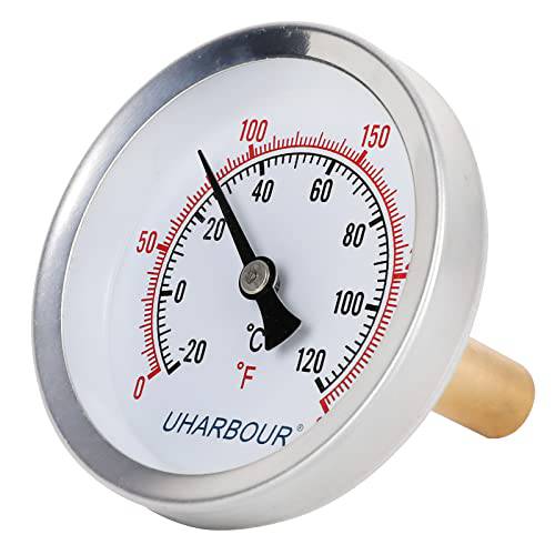 Uharbour 2-1/ 2 다이얼 워터 온도계, Bi-Metal 온도 게이지 1-3/ 4 Lead-Free 황동 스템 and 1/ 2 NPT 후면 마운트, 정확성 2% 레인지 0-250°F/ -20-120 °C