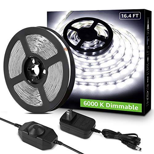 Lepro LED 스트립 라이트 화이트, 16.4ft 밝기조절가능 화장대 라이트, 6000K 슈퍼 브라이트 LED 테이프 라이트, 300 LEDs 2835, 강력 3M 접착, 적용가능한 가정용, 주방,  찬장부착형, 부착형, 침실, 일광 화이트