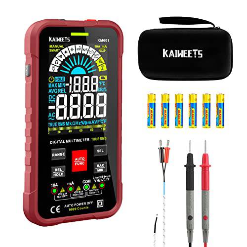 KAIWEETS 스마트 디지털 멀티미터,전기,전압계,측정 TRMS 10000 Counts 볼트 미터 Ohmmete Auto-Ranging 테스터, 측정 전압 Current 저항 정전용량 온도 프리퀀시, 테스트 라이브 와이어, 연속측정 (레드)