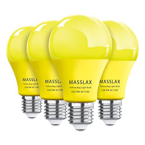 4 팩 MASSLAX Yellow LED 벌레 라이트 전구, 9W 교체용 to100W 벌레 라이트, E26 베이스 노란색 LED 벌레 라이트S 아웃도어 현관 라이트, 장식용 라이트ing 램프, 침실 나이트 라이트 전구, Non-Dimmable