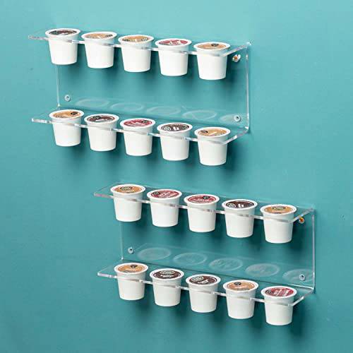 MyGift 2 계층형 벽면 마운트 프리미엄 클리어 아크릴 커피 팟 홀더 호환가능한 K 컵, 세트 of 2, Holds 20 팟 캡슐