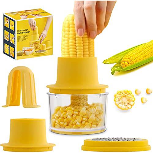 OLEKURT Corn 필러, 감자칼, 다기능,멀티 Corn 스트리퍼 4 in 1 스테인레스 스틸 Corn Stripping 툴, Corn 커터 그릇 and 그라인딩 커버, Corn Thresher Off Cob 커널 리무버